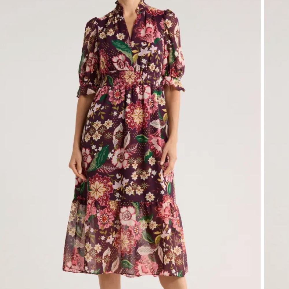 NWT Eliza J. Floral Midi Dress in Plum with Pink & Green Accents